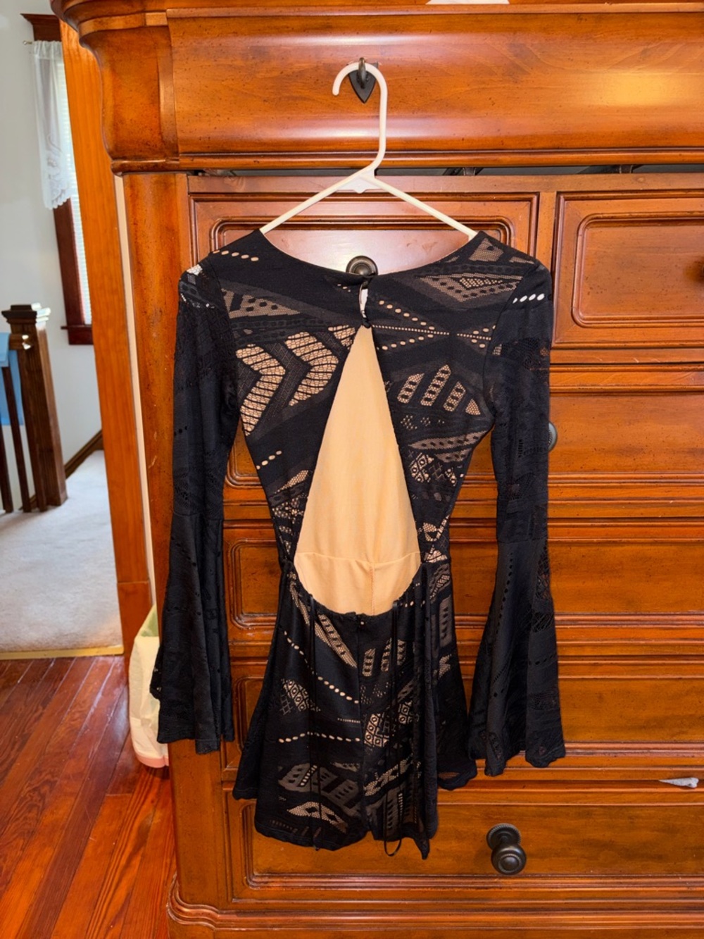 Sage Black Lace Romper Dress Bell Sleeve Open Back Small - Picture 2 of 7
